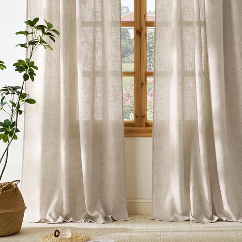 NICETOWN 230 GSM Rich Natural Linen Blend Farmhouse Curtains 90 inches Long, Rod Pocket & Back Tab Privacy with Light Filtering Window Treatments for Bedroom/Living Room, W52 x L90, 2 Panels