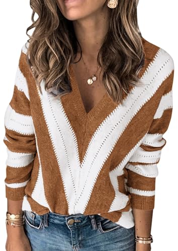 Image of PRETTYGARDEN Women's V Neck Striped Knit Pullover Sweater