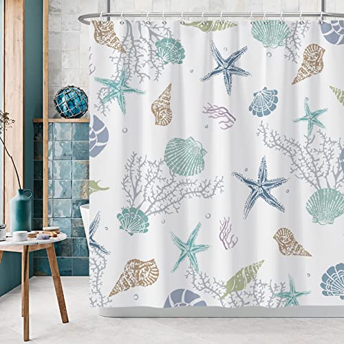 Ttincceer Nautical Coastal Shower Curtain, Coral Conch Starfish Seashell Bathroom Curtain, Ocean Theme Underwater Marine Shower Curtain Set With 12 Hooks For Bathroom 72" Wx72 L #TOP6