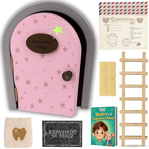 HOMYKIDS® Puerta Ratoncito Perez Magica | Abre y BRILLA | Cuento GRATIS | Certificados | Puerta Raton Perez Casita Ratoncito Perez | Idea Regalo Cajita Dientes (Rosa, Ratón Pérez)