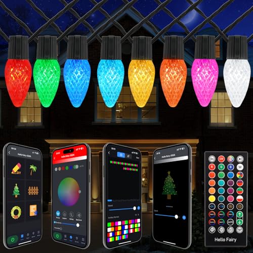 Smart C9 Christmas Outdoor Lights, 66FT 100 LEDs RGB String Lights, APP/Remote Control, DIY Modes & Music Sync, Color Changing Holiday Lights for Xmas Tree, House, Party Decoration