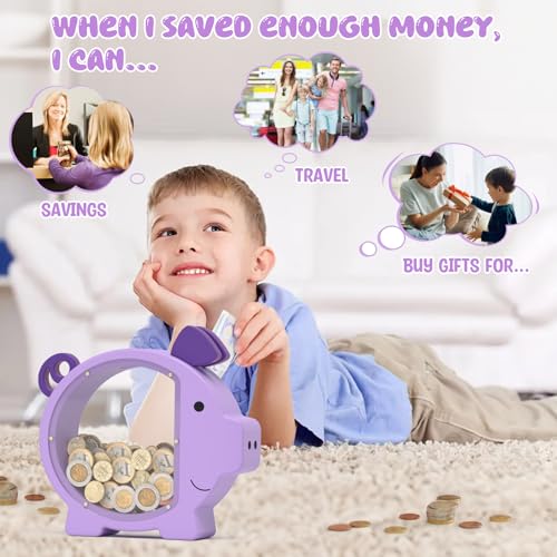 Image of Piggy Bank for Kids Girls,Purple Kids Piggy Bank with Creative DIY Stickers