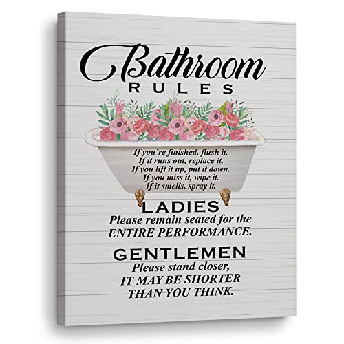 Funny Bathroom Canvas Wall Art, Bathroom Rules, Humor Quote Artwork Print Bathroom Wall Decor Framed Toilet Paintings Home Wall Decorations For Restroom Wash Laundry Bath Room, Ready To Hang 12"X15" #TOP7
