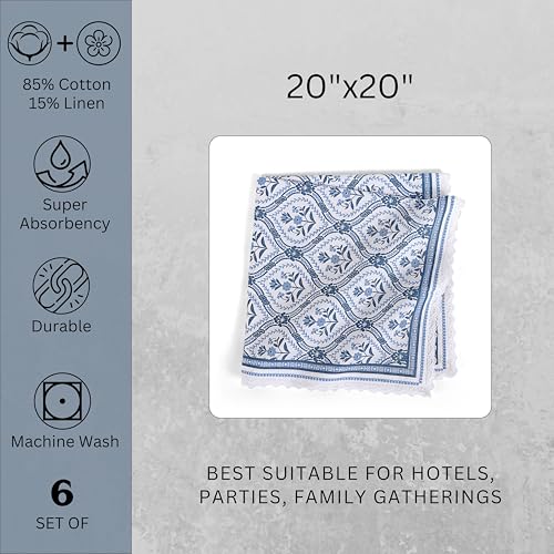 Image of FINGERCRAFT Printed Cloth Napkins Cotton Linen Blend Fabric Set of 6 with Classic Lace 20x20 Inch Dinner Napkin Durable and Good Absorbency for Home, Hotels, Parties (Blue Damask)