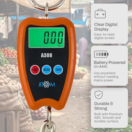 Image of ATOM A308 Weight Machine for Luggage & Travel (200 Kg) | Luggage Weighing Scale for Flights | Portable Digital Hanging Scale with Tare & Pointed S-Shaped Hook, 100 g Accuracy, LCD Display, Handy Size