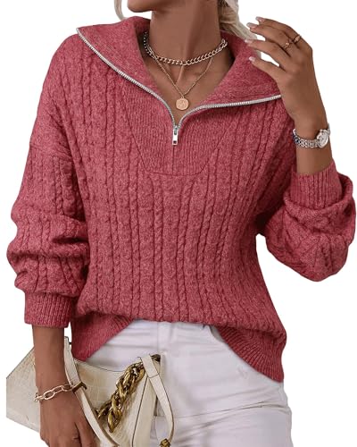 Image of Vivilli Women's Quarter Zip Cable Knit Oversized Sweaters Long Sleeve V Neck Pullover Sweaters 2024 Fall Winter Fashion