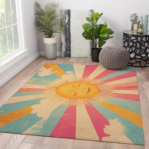 Tapis lavable antidérapant pour salon à rayures rétro avec smiley imprimé - 4