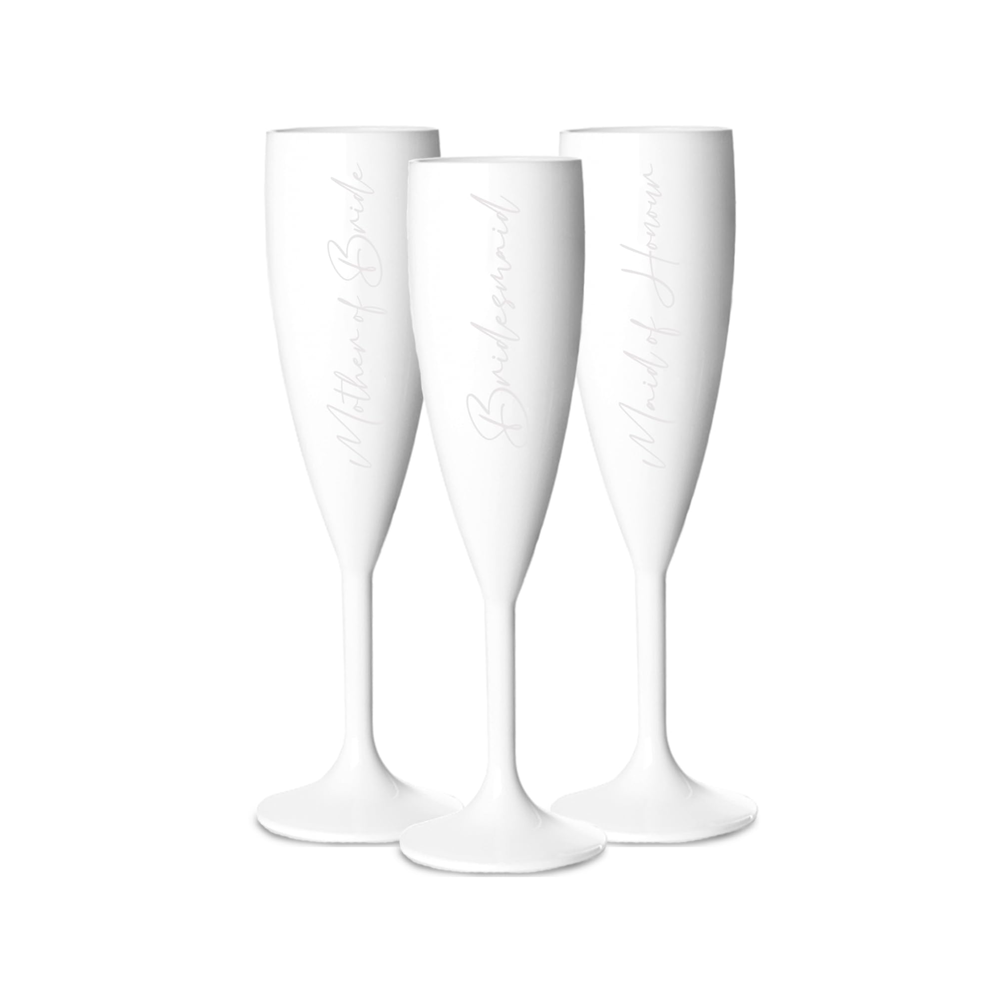 Print Maniacs Champagne Premium White Flute Glass Bride Groom Mr Mrs Wedding Maid Honour Wine Cocktail Prosecco Celebrations Gift (White, Set of 3 Brides Side)
