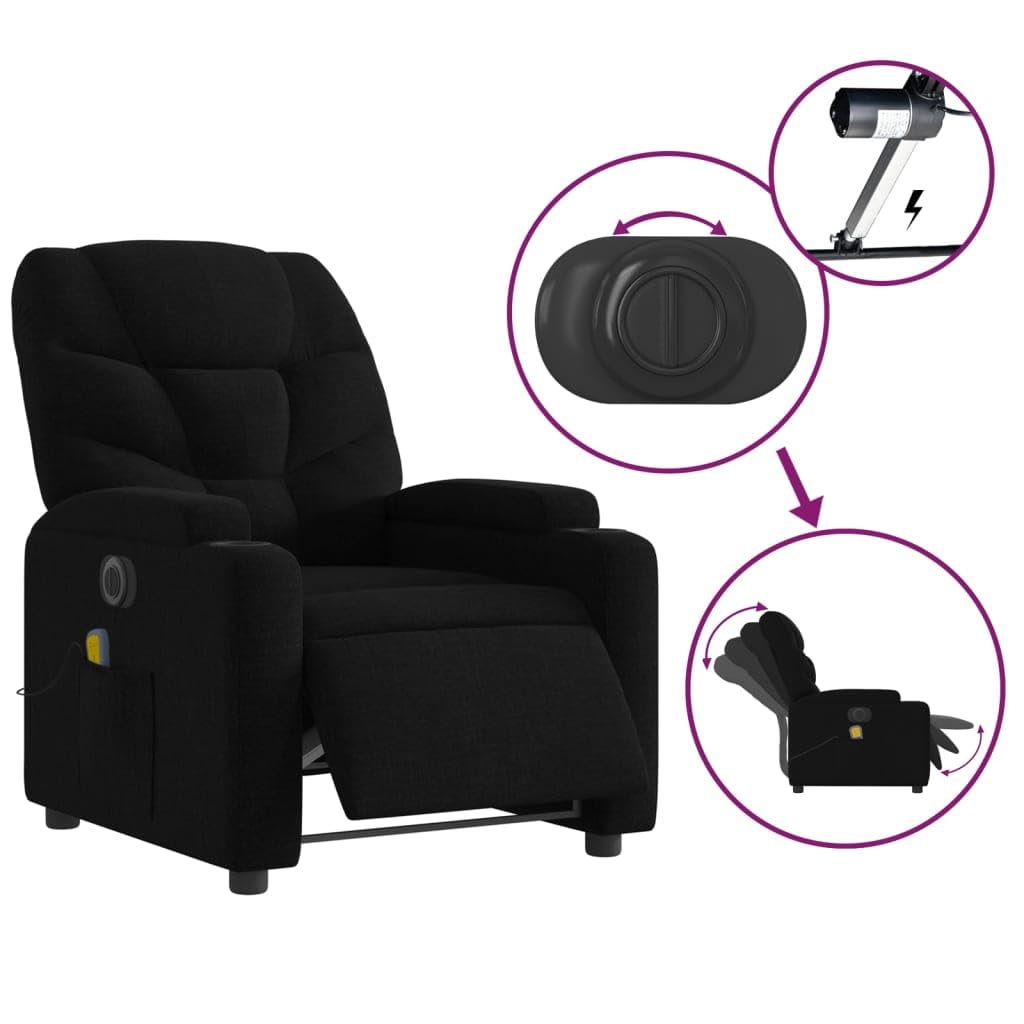 Massagesessel Elektrisch Schwarz Stoff Relaxsessel mit Liegefunktion, 6-Punkt Vibrationsmassage, Getränkehalter, Seitentasche, Stabiler Holz-Metall-Rahmen, Komfort für Wohnzimmer und Büro