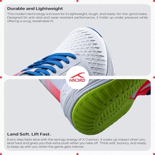 Image of Hundred Hyper Spike Badminton Shoes | Indoor Court Footwear | Active Grip Non-Marking Sole | X-Cushion Midsole | Support Plate Stability | Professional Performance (White /Blue /Orange /Lime)