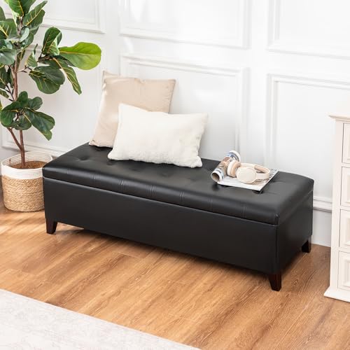Image of Black Ottoman with Storage Faux Leather Storage Ottoman Bench