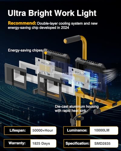 image for JC-LGL LED Work Light with Stand, 10000 Lumen 2 Head Portable Work Lig
