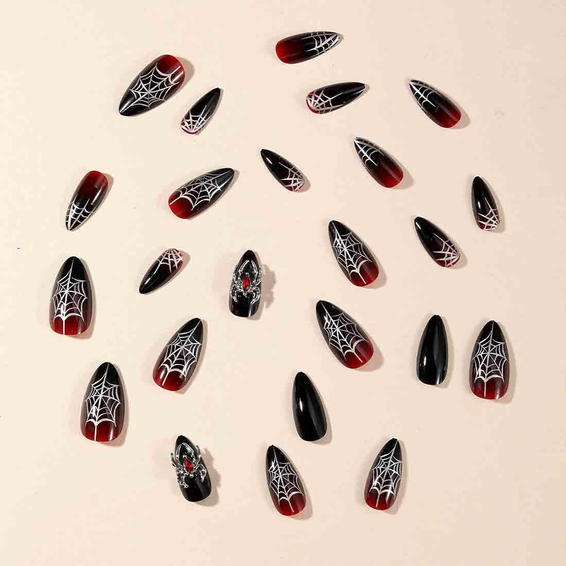 Carufin Halloween Gothic Dark Black Red Gradient Spider Web with Metal Spider, Detachable Fake Nail For Women - Image 2