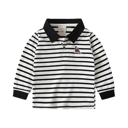 Meufam Toddler Boys Long Sleeve Polo Shirt for Boys Chest Print School Uniform Shirts Button Closure Collared Tee (Stripe,4 Years)