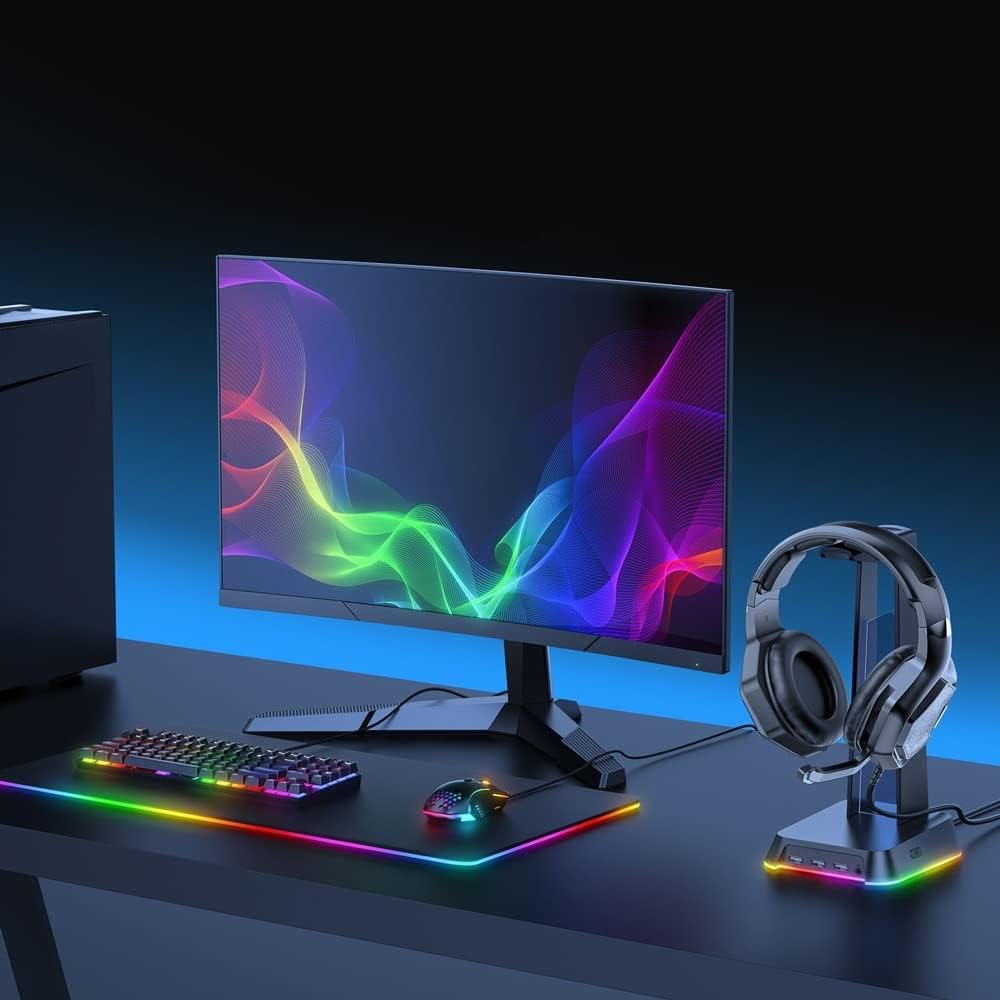 Soporte para Auriculares Gaming RGB, Base Escritorio Logo Luminoso con 3 Puertos USB, Estante exhibidor para audífonos de Ordenador,Rosado