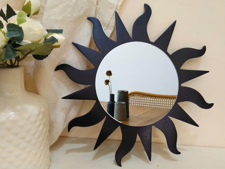 Black Squiggle Sunburst Mirror Wall Decor, Decorative Sun Wavy, S...