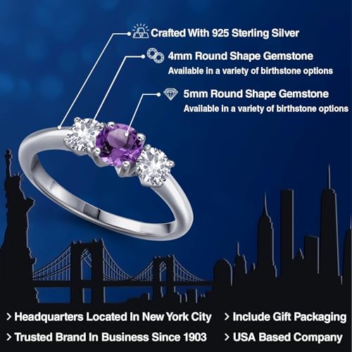 Gem Stone King 925 Sterling Silver Purple Amethyst and White Created Sapphire Engagement Ring For Women | 0.98 Cttw | Round 5MM | Gemstone February Birthstone | Available in Size 5,6,7,8,92