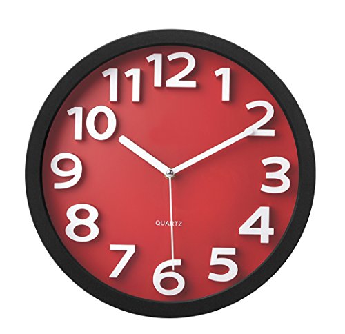 TempusÂ® TC62127R Contemporary Wall Clock with Raised Contrasting Numerals and Silent Sweep Quiet Movement, 13", Red/Black