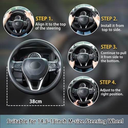 Muamos Steering Wheel Cover Black, Carbon Fiber Car Steering Wheel Covers with Coasters Universal 14.5-15 inch Leather Microfiber Breathable Anti-Slip Steering Wheel Accessories Set - Image 6