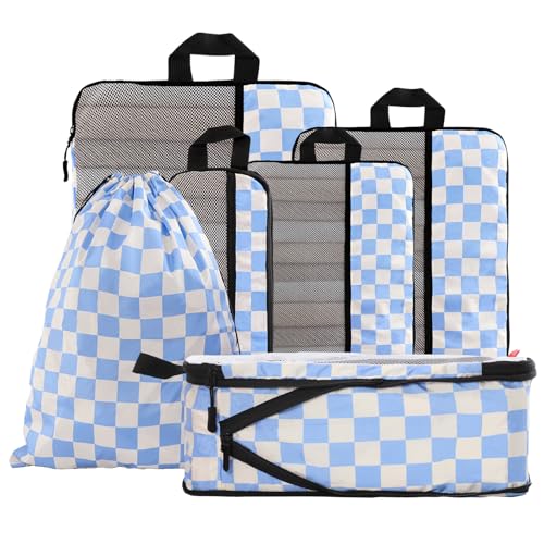 U+U 6 Set Compression Packing Cubes - Ultralight Travel Organizers with Laundry Bag, Space-Saving Suitcase Organizer for Travel, Business Trip and Family Vacation (Blue Checkered)