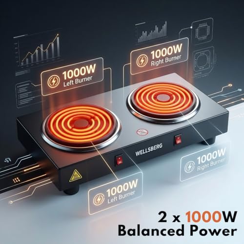 Image of Wellberg Electric Double Burner Stove 2000W | Dual Heating Plate with Rocker Switch & Light Indicator | Compact & Portable Cooktop for Home Use