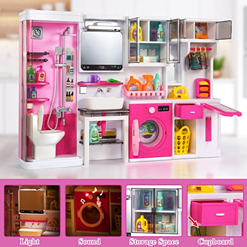 image for TEMI 4-in-1 Mini Bathroom Playset with Lights & Sounds, Pink Play Dres