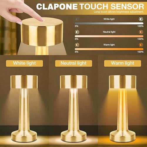 Image of CLAPONE LED Table Lamp - Touch Control with 3 Brightness Levels & 3 Color Modes | Rechargeable Metal Desk Lamp for Bedroom, Nightstand, Living Room, Office & Study Table (Glod, 1 Pcs)
