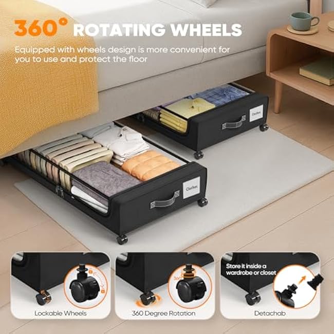 Under Bed Storage with 360¡ã Wheels, 2-Pack, 60L Low-Profile Rolling Underbed Bins for Clothes, Shoes, Toys & Books,Easy Pull-Out, Dust Protection, Space-Saving Organizer for Bedroom/Dorm, Black