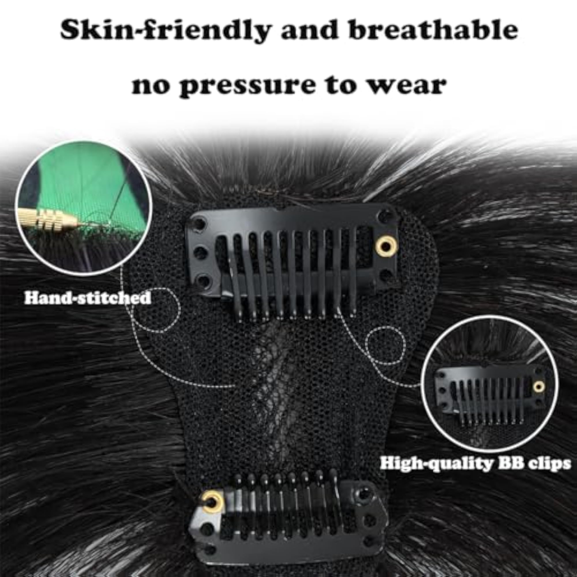 Natural Black Human Hair Topper with Front Bangs