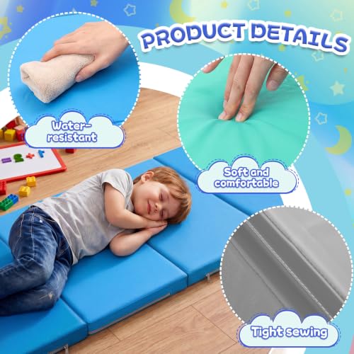 Image of Wesiti 5 Pcs Nap Mats for Preschool 47 x 24 inch 1.37 inch Thick Folding Rest Mat 4 Section, Sleeping Pad for Kids Children Daycare Nap School Classroom Kindergarten Daycare Travel Home, Blue Green