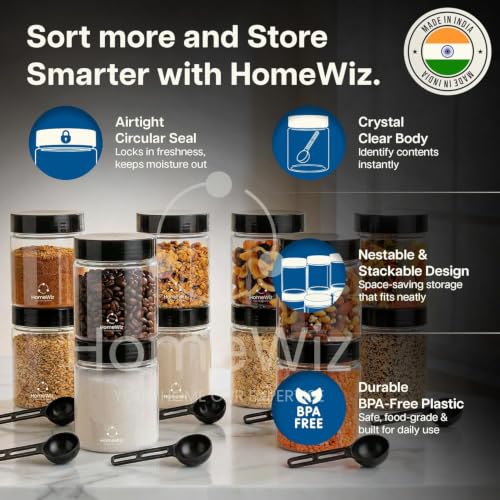 Image of HomeWiz Airtight Kitchen Storage Box 250ml Pack of 12 | Food Grade BPA-Free Kitchen Jars | Storage & Containers Set | Masala Container Set | Unbreakable Plastic Container Set | for Spices & Pulses