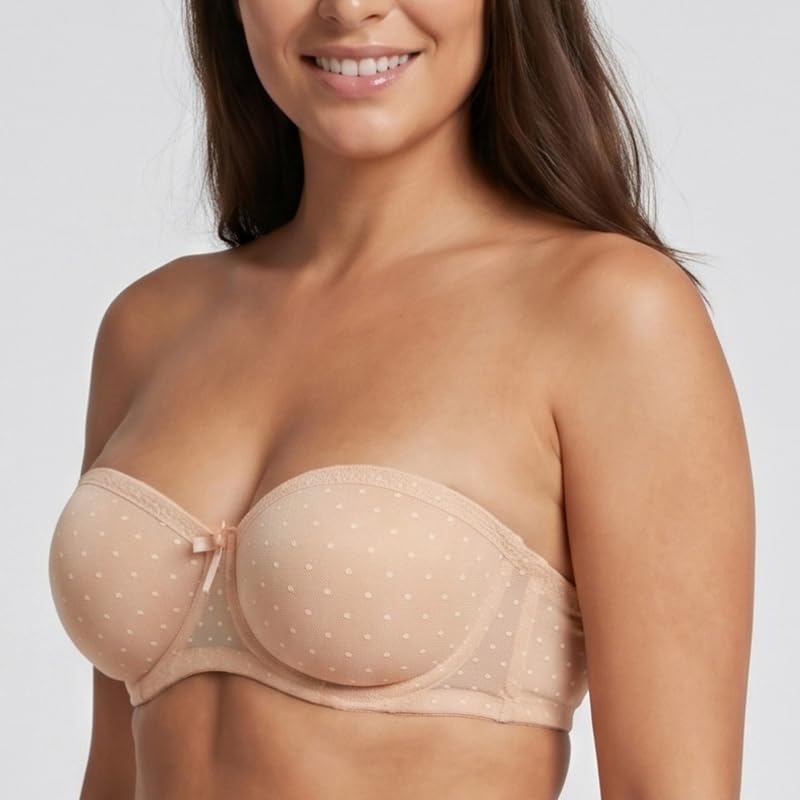 MELENECA Damski biustonosz typu bandeau Sheer Lace See-Through Minimizer Strapless Underwire Bandeau – biustonosz z antypoślizgowym silikonem