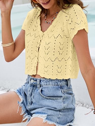 Image of Women's Crochet Shrug Knit Sweater, Short Sleeve Tie-Front Cropped Cardigan | Lightweight Open-Knit Bolero Tops, Cute Boho V-Neck, Styled Over Evening Dresses, Spring Summer Layering, Beach Cover-Up