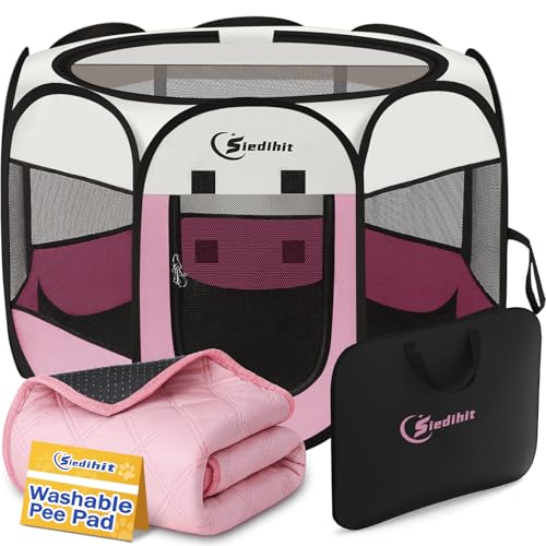 Siedihit Dog Cat Playpen Puppy Pet Playpen Indoor for Small Dog Crate Tent Cage Outdoor Portable Pop Up Dogs Enclosure Kennel with Carrying Case for Dogs/Cats/Rabbits(Pink Small with pad)