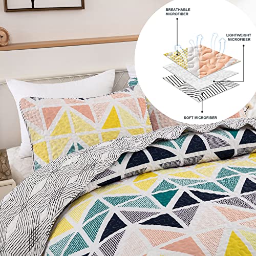 Geometric Quilt Set Queen Size Navy Yellow Orange Reversible Quilt 3 Pieces Triangles Cubes Print Bedspread With Pillow Shams Colorful Bedding Set Lightweight Coverlet For All Season 90"X90" #TOP2