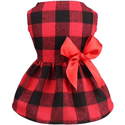 Buffalo Plaid Dog Dresses - Cute Bowtie Cat Clothes in Cotton Soft Christmas Outfit (S)