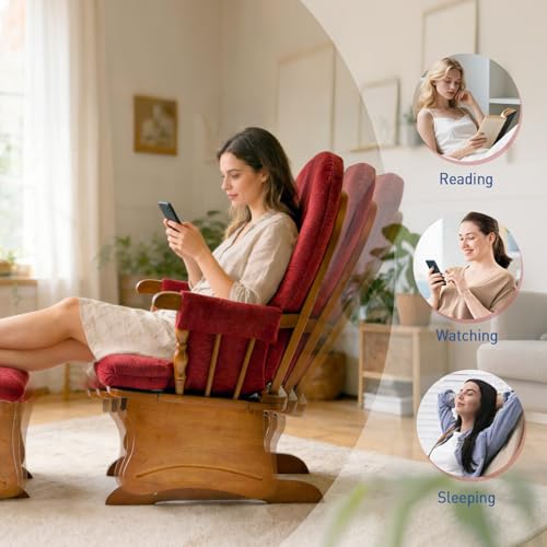 Image of Solid Wood Glider Rocking Chair with Ottoman, Warm Oak Frame with Plush Maroon Upholstery, Quiet Smooth Glide for Nursery, Living Room, Bedroom, Reading & Relaxing