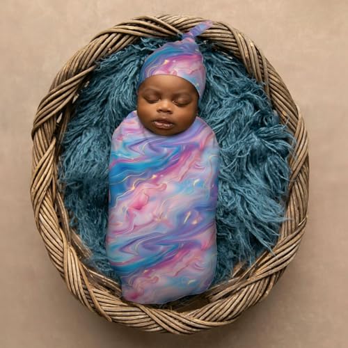 Image of Pink and Blue Marble Newborn Swaddle Blankets Hat Sets Soft Baby Receiving Blanket Swaddle Sack for Baby Shower Infant Boy Girl Gift
