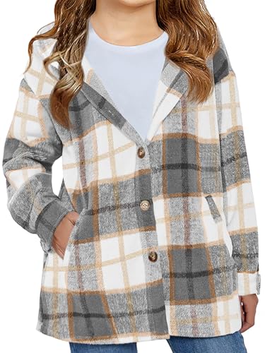 Image of Girls Cute Flannel Plaid Button Down Top with Pockets Long Sleeve Hooded Jacket