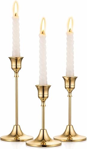 IBSales - Juego de 3 portavelas cónicos de metal, centro de mesa decorativo de inspiración vintage dorada para mesa, repisa, boda o regalo de