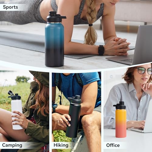 Image of Fijinhom Insulated Water Bottle with Handle, 304 Stainless Steel Water Bottles with Wide Mouth, Double Wall Vacuum Sports Water Bottle, BPA Free, Keep Cold and Hot, 32 Ounces Yellow&Orange