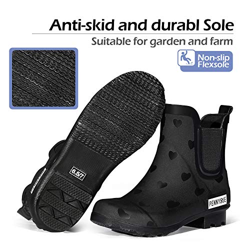 Pennysue Women's Ankle Rain Boot Waterproof Short Chelsea Booties Anti Slip 7.5/8 Heart #TOP3