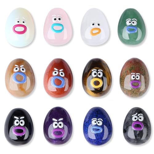 XIANNVXI Funny Emotion Polished Stone Gift 12pcs Cute Emoji Carving Egg Figurine Crystals Present Rock Natural Healing Crystals Stones Novel Mothers Day Graduation Birthday Gifts for Women Men