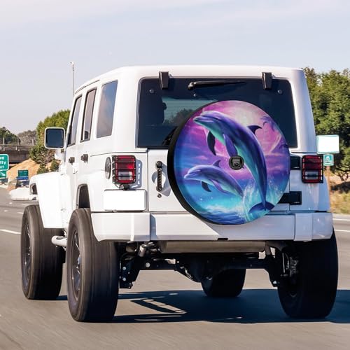 Image of Delerain Spare Tire Cover with Backup Camera Hole Dolphins Jumping Water Wheel Covers Waterproof Dust-Proof UV Sun Universal Fit for Trailer RV SUV Truck (18 Inch for Diameter 32 inch-34 inch)