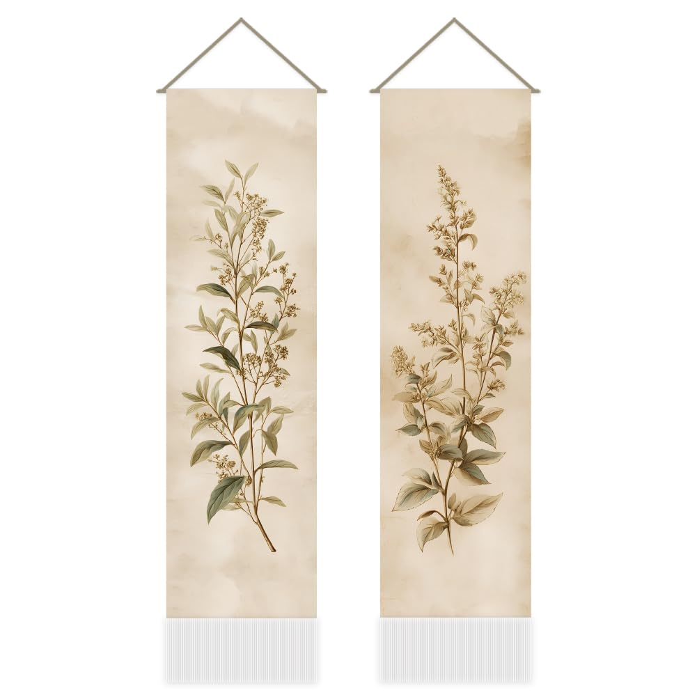 AHANDMAKER 2Pcs Vintage Botanical Tapestry, Neutral Floral Prints Long Vertical Tapestry Wall Hanging, Watercolor Wildflower Tassel Tapestries for Bedroom Living Room Home Office Decor, 45.7x13 Inch