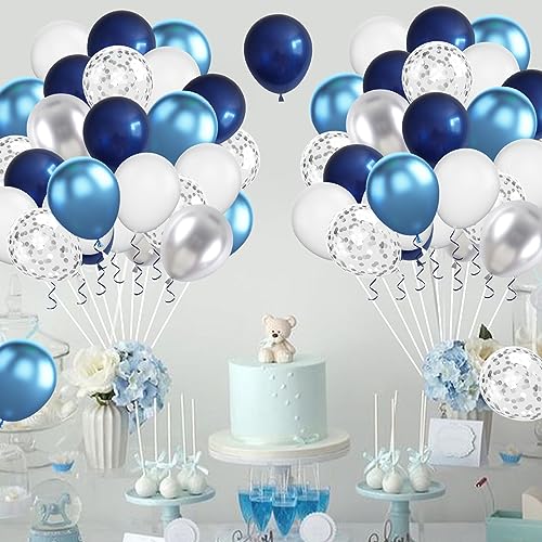Image of Navy Blue & Silver Balloons - 60pc Metallic & Latex Mix, 12 inch White Balloons with Silver Confetti for Birthday, Baby Shower, Graduation & Wedding Parties