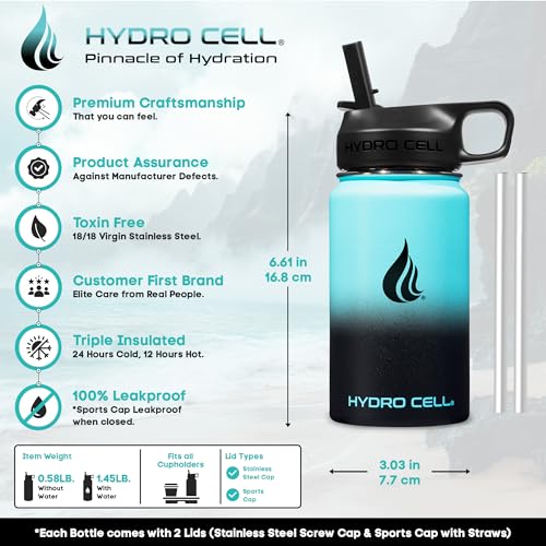 Image of HYDRO CELL Stainless Steel Insulated Water Bottle with Straw - For Cold & Hot Drinks - Metal Vacuum Flask with Screw Cap and Modern Leakproof Sport Thermos for Adults (Teal /Black 14oz)