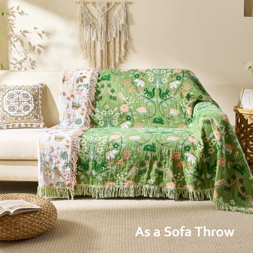 Image of VANJOROY King Boho Throw Blanket, 100% Organic Cotton Breathable Skin-Friendly Ultra Soft 91 inch x 98 inch Bed Quilt Green Throw - Floral Rustic Decor Luxury Reversible Blanket for Sofa Couch Chair and Gift