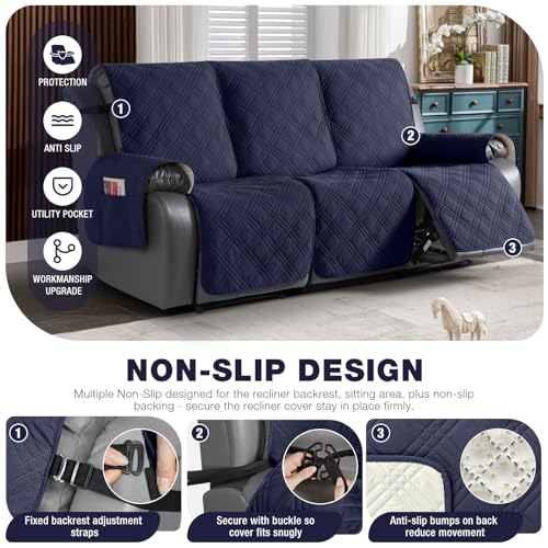 Image of TAOCOCO Waterproof Recliner Sofa Cover, Non Slip Split Recliner Couch Cover with Elastic Straps Pocket, Washable Reclining Sofa Cover Furniture Protector for Kids, Dogs, Pets(3 Seater, Navy Blue)