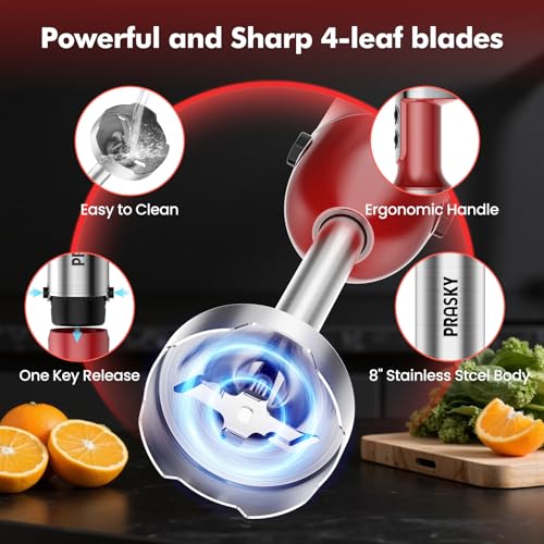 Image of Immersion Blender Handheld 1200W, 5-in-1 Hand Blenders, 20 Speeds Hand Mixer, Stainless Steel Blades, Milk Frother Wand, Whisk, Beaker, Suitable for Kitchen, Protein Shakes and Baby Food (Red)